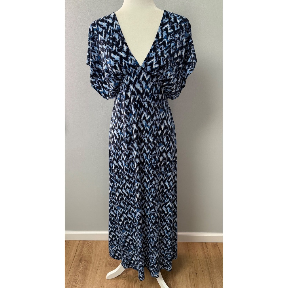Molly Bracken Women's Long V-Neck Abstract Printed Blue Maxi Dress Size S